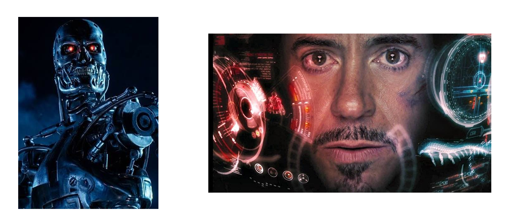 Side by side: the Terminator's metal skeleton with red eyes, and Tony Stark's face surrounded by a glowing JARVIS display