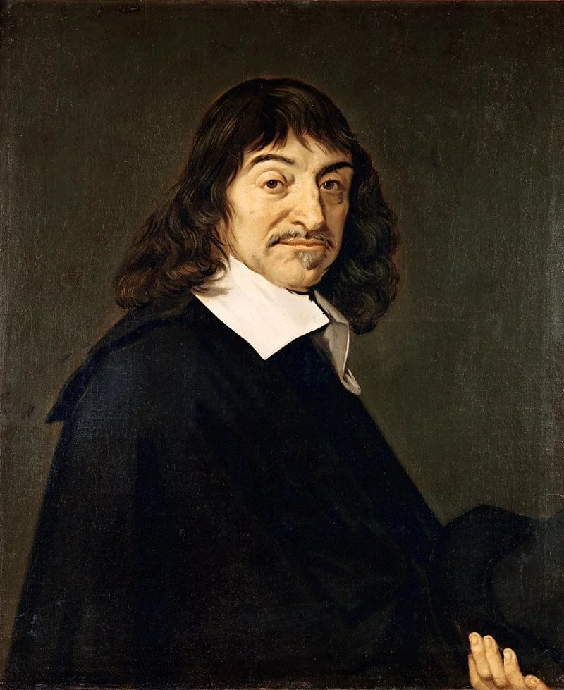 Portrait painting of René Descartes with long dark hair, a white collar and a black cloak