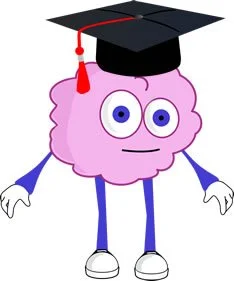 Cartoon pink brain character wearing a black graduation cap with a red tassel