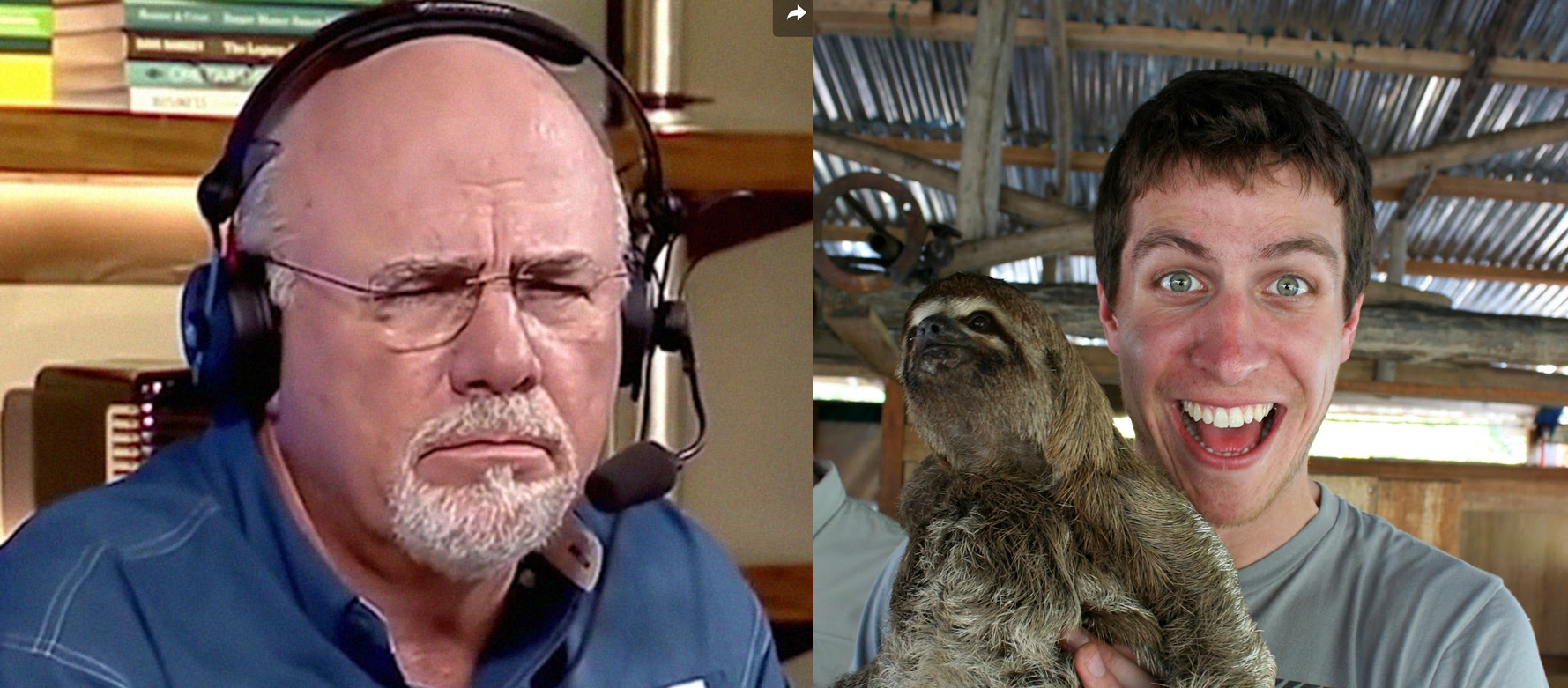 Side by side: a frowning radio host in headphones and a wide-eyed young man grinning while holding a sloth