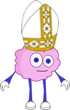 Cartoon pink brain character with arms and legs wearing a white and gold papal mitre