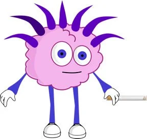 Cartoon pink brain character with spiky purple hair holding a cigarette