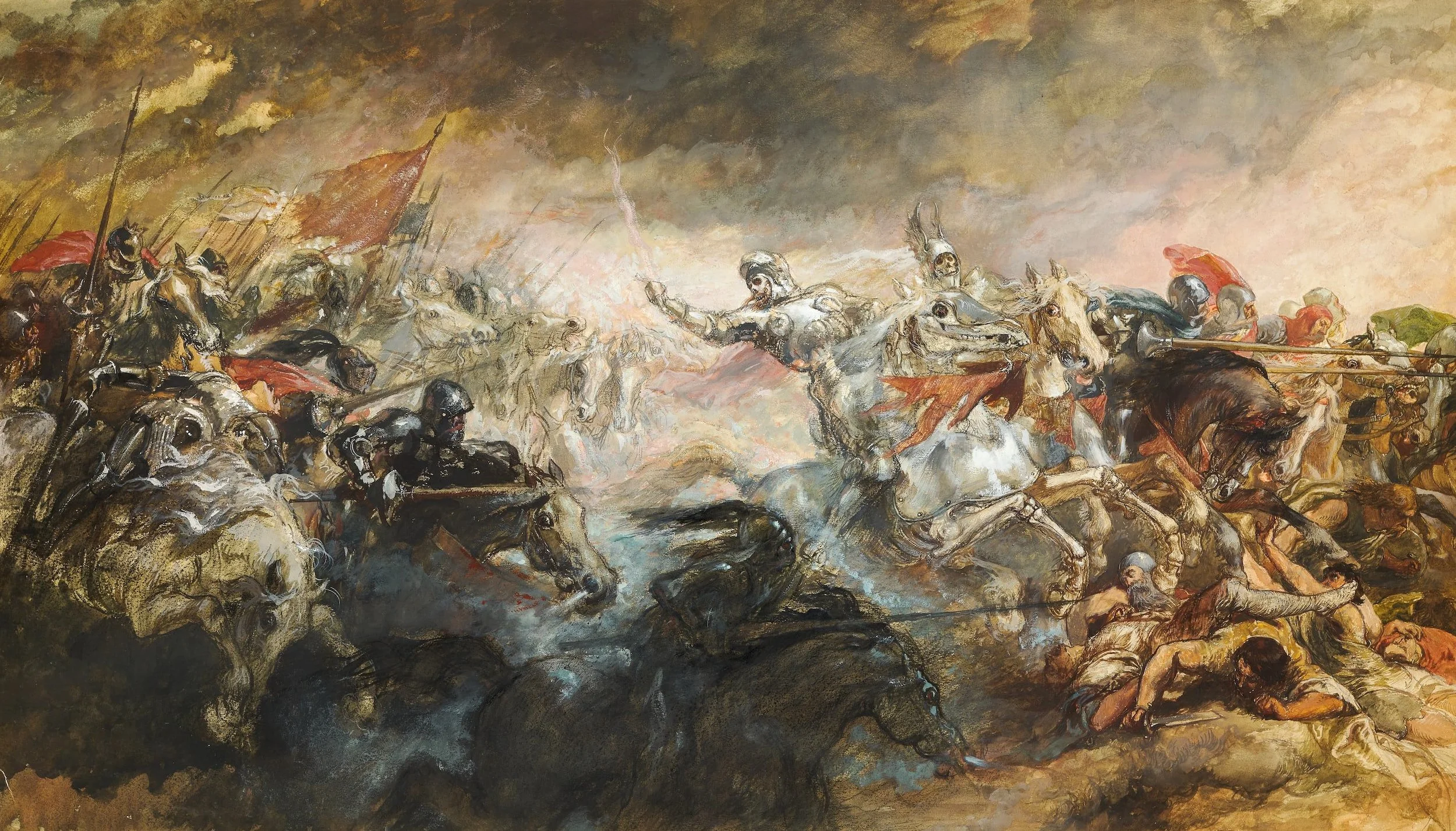Chaotic painting of armored knights on horseback in battle, with skeletal riders and fallen bodies