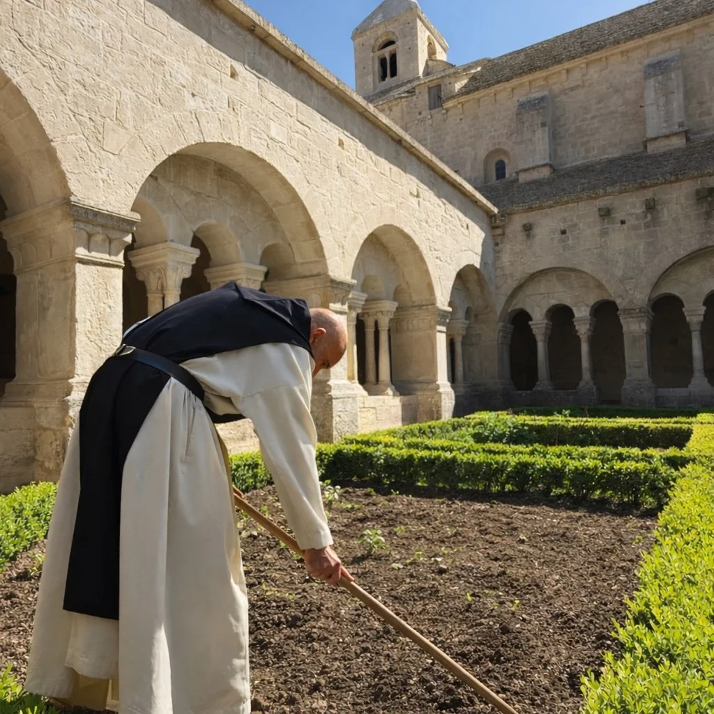 Monk in a white and black habit hoeing a garden bed in a stone abbey cloister
