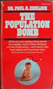 Cover of Paul R. Ehrlich's book The Population Bomb, showing a baby inside a glass ornament