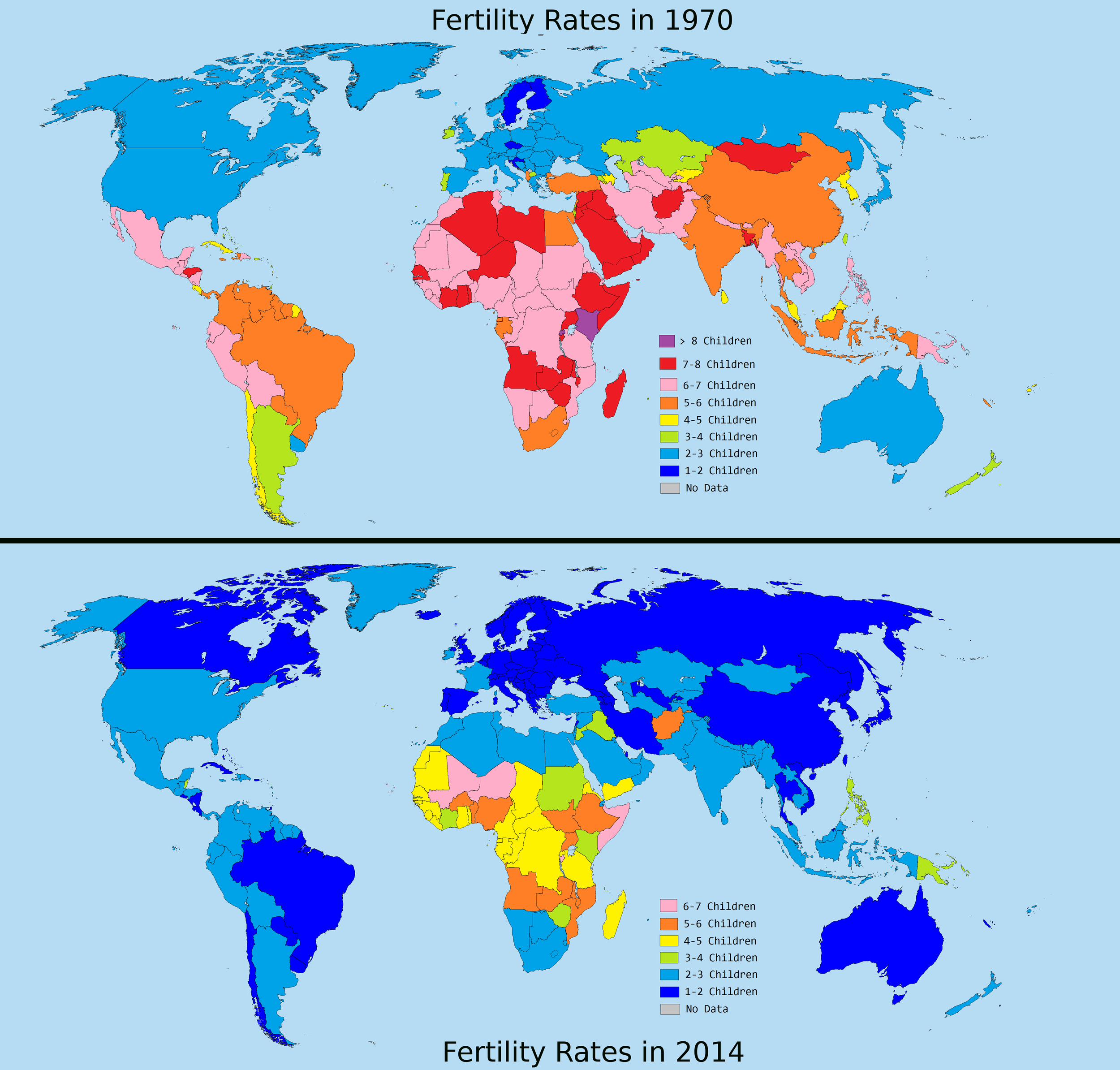 Two world maps comparing fertility rates by country in 1970 and 2014, showing a broad decline in children per woman