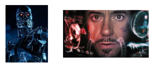 Side by side: the Terminator's metal skeleton with red eyes, and Tony Stark's face surrounded by a glowing JARVIS display