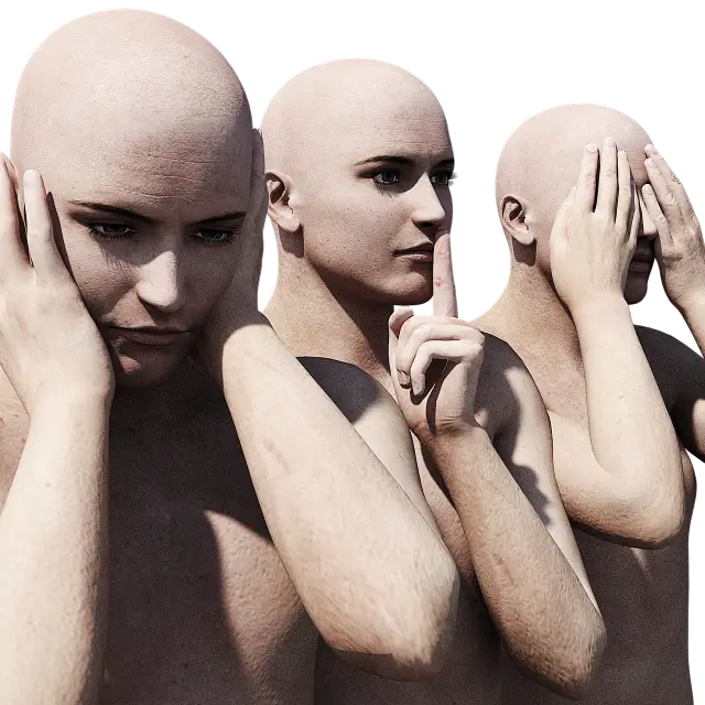 Three bald figures posed as hear no evil, speak no evil, see no evil: covering ears, finger to lips, covering eyes